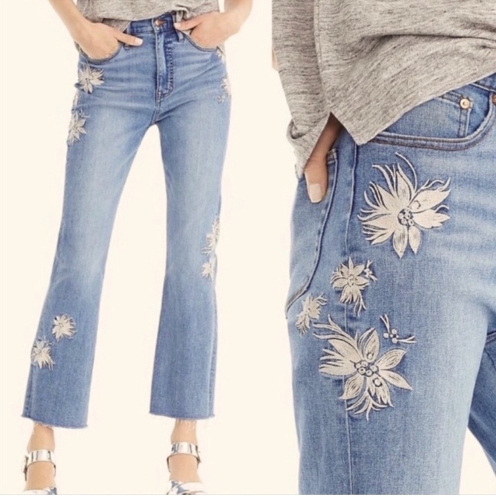 J. Crew Point Sur Denim Floral Embroidered Kick Out Crop Denim Jeans Blue 31